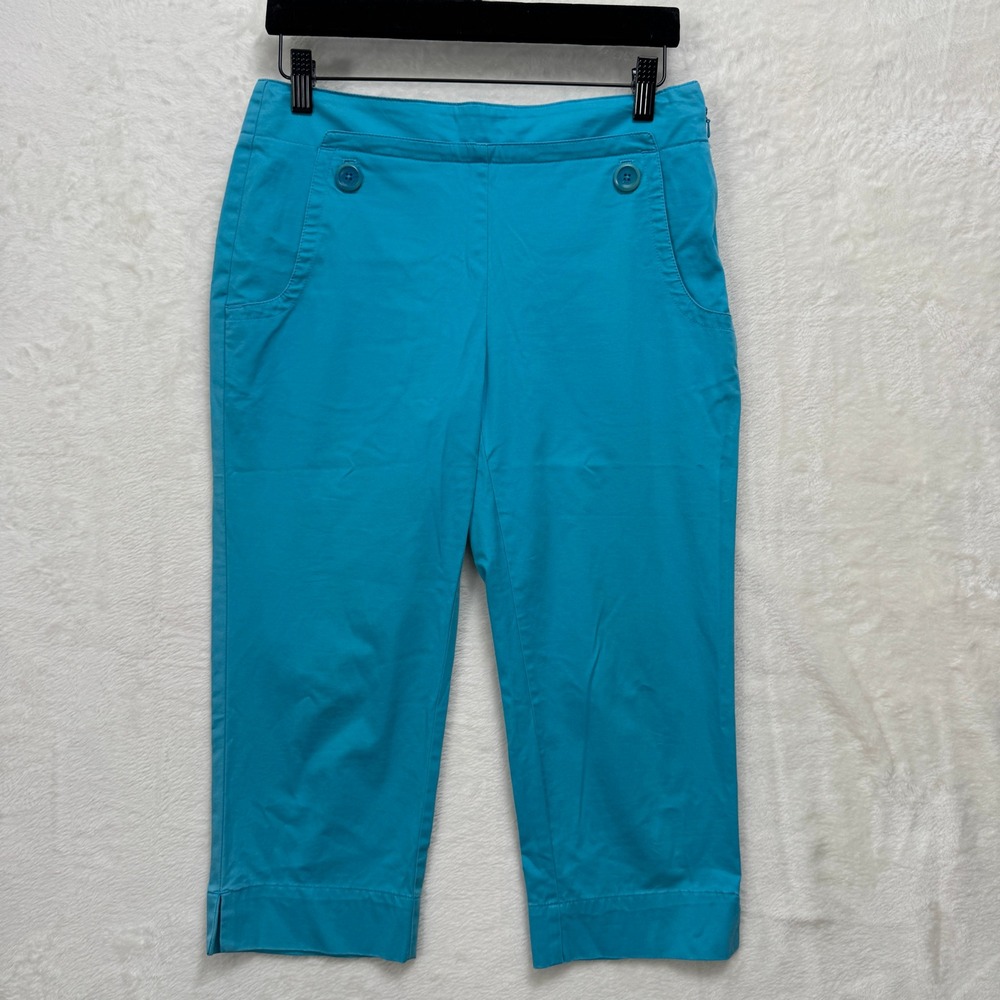 Talbots Cropped‎ Pants Womens 4P Turquoise Blue Petites Stretch Capri Side Zip